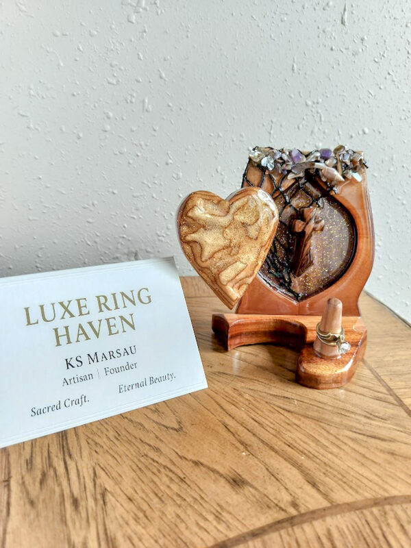 Luxury wooden wedding ring holder with cross and heart design, handmade by artisan KS Marsau at Luxe Ring Haven. Makes a unique Gift for Bride from Groom.