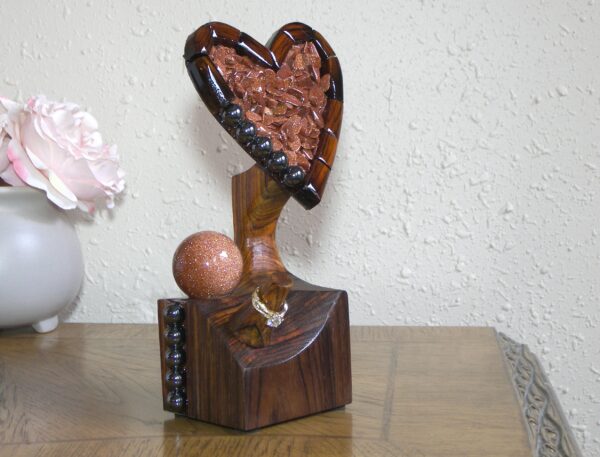 "Rose Ember – Cocobolo Heart Ring Holder with Goldstone Spark"