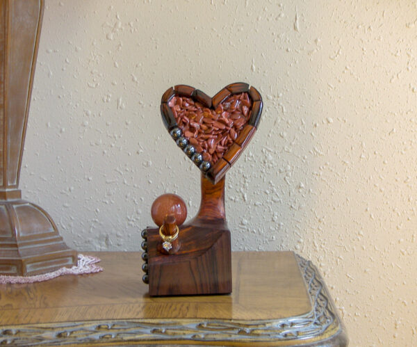"Rose Ember – Cocobolo Heart Ring Holder with Goldstone Spark" - Image 2