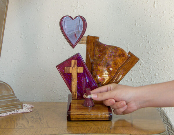 Covenant Flame – Purpleheart & Burlwood Wedding Ring Holder - Image 2