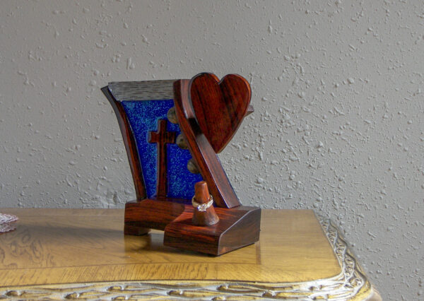 "Heaven's Radiance – Sapphire Light Ring Holder with Cross and Heart" - Image 3