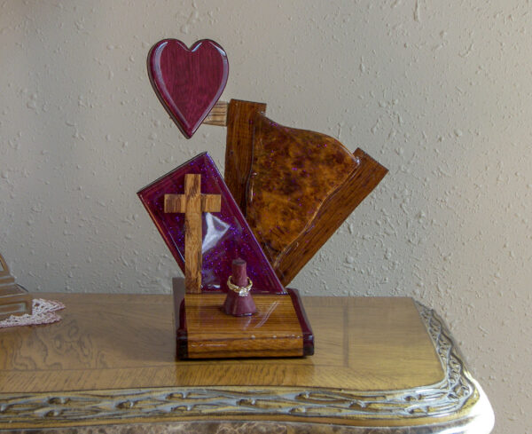 Covenant Flame – Purpleheart & Burlwood Wedding Ring Holder