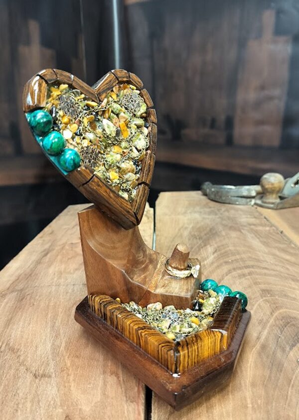 “Heart of the Earth – Bocote & Black Walnut Wedding Ring Holder”