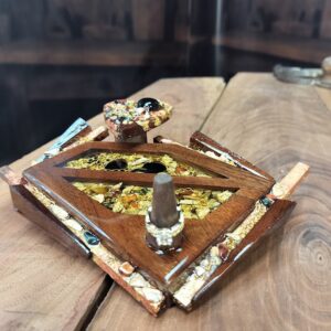 “Golden Covenant – Artisan Mosaic Ring Holder in Black Walnut Wood”