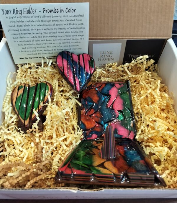 “Promise in Color – Multicolor Dyed Birch Wedding Ring Holder” - Image 8