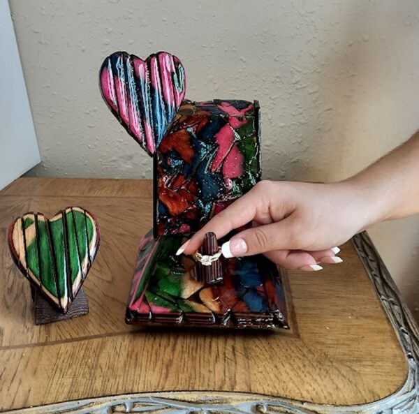 “Promise in Color – Multicolor Dyed Birch Wedding Ring Holder” - Image 7