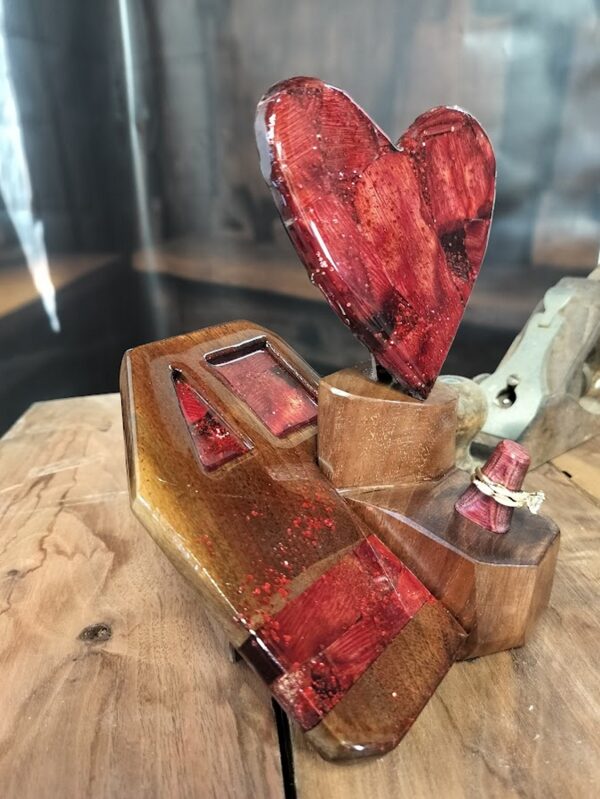 Luxury wooden wedding ring holder with cross and heart design, handmade by artisan KS Marsau at Luxe Ring Haven. Makes a unique Gift for Bride from Groom.