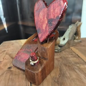 Luxury wooden wedding ring holder with cross and heart design, handmade by artisan KS Marsau at Luxe Ring Haven. Makes a unique Gift for Bride from Groom.