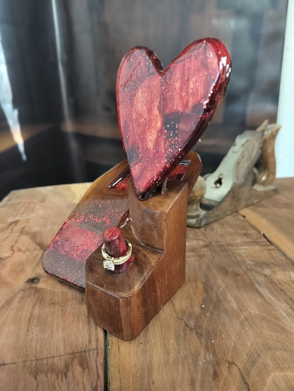 Luxury wooden wedding ring holder with cross and heart design, handmade by artisan KS Marsau at Luxe Ring Haven. Makes a unique Gift for Bride from Groom.