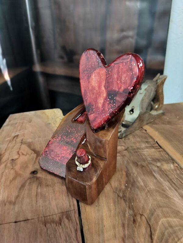 Luxury wooden wedding ring holder with cross and heart design, handmade by artisan KS Marsau at Luxe Ring Haven. Makes a unique Gift for Bride from Groom.