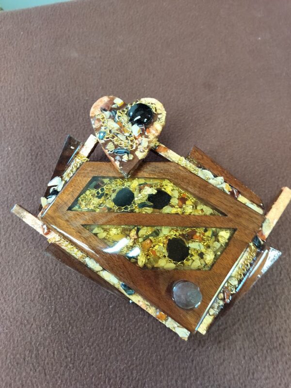 “Golden Covenant – Artisan Mosaic Ring Holder in Black Walnut Wood”