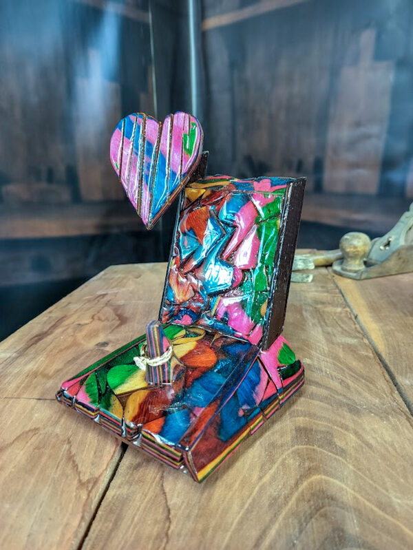 “Promise in Color – Multicolor Dyed Birch Wedding Ring Holder” - Image 5