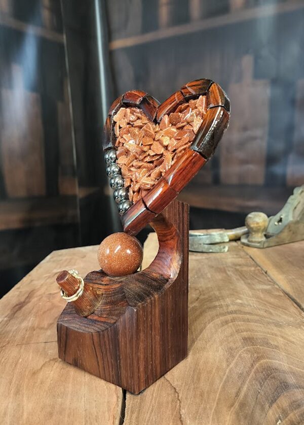 "Rose Ember – Cocobolo Heart Ring Holder with Goldstone Spark" - Image 10