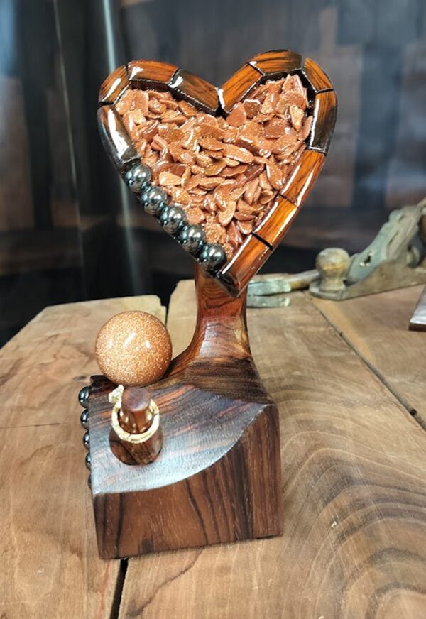 "Rose Ember – Cocobolo Heart Ring Holder with Goldstone Spark" - Image 9