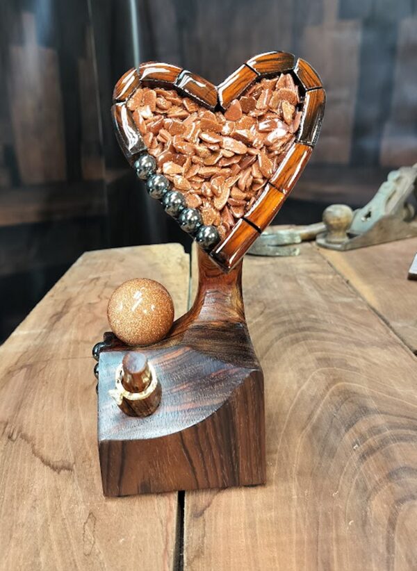 "Rose Ember – Cocobolo Heart Ring Holder with Goldstone Spark" - Image 8