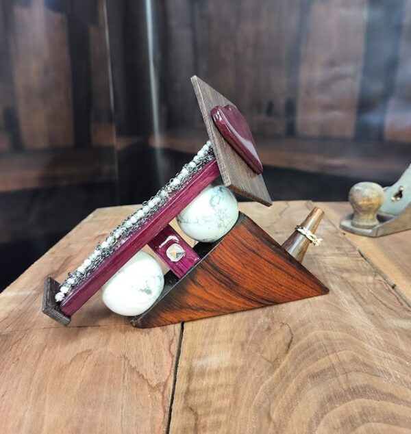 Luxury wooden wedding ring holder with cross and heart design, handmade by artisan KS Marsau at Luxe Ring Haven. Makes a unique Gift for Bride from Groom.